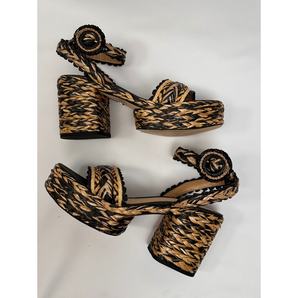 Sam Edelman Iliana Raffia Platform Sandals 9.5 Black Natural Woven Ankle Strap